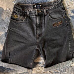 Vintage Y2K Enyce Charcoal Denim Shorts with Gold Accents